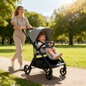 A mom is pushing the stroller where a baby sit in.The stroller is one type of products about us