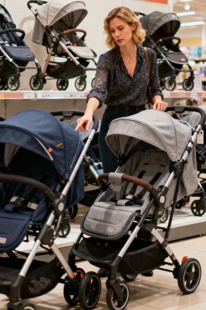 A mom is choosing the #1 baby stroller for her baby in shop.