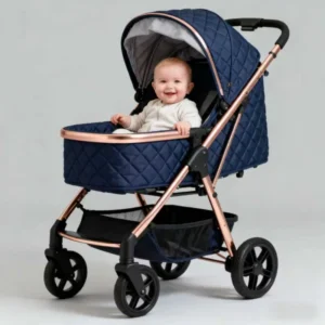 The little one is sitting in the bassinet stroller.