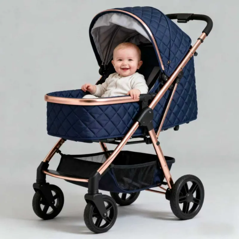 The little one is sitting in the bassinet stroller.