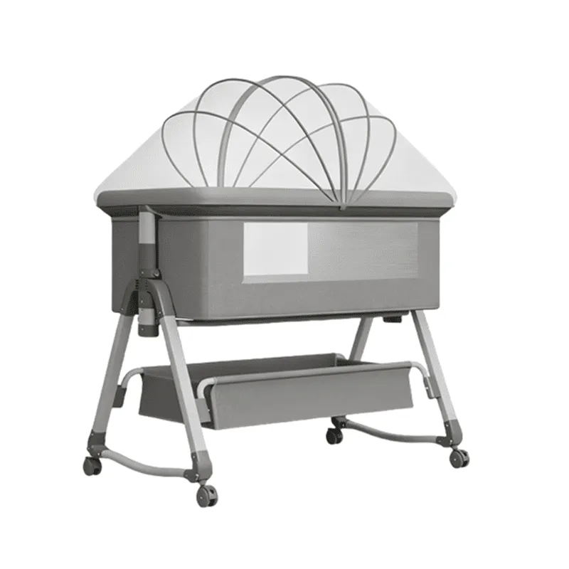Grey portable baby bedside sleeper crib with mosquito net and storage basket - Wholesale from China manufacturer