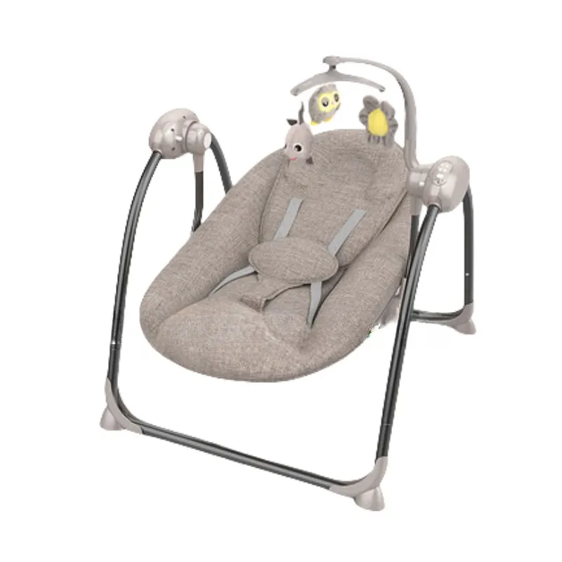 Grey electric baby swing with plush seat, hanging toys, and safety harness - Wholesale baby rocker manufacturer from China
