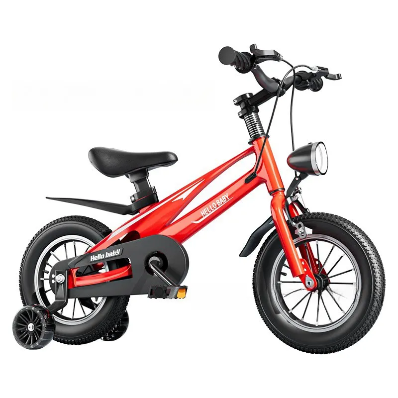Red children's bicycle with heavy-duty training wheels, full chain guard, and retro headlight - Wholesale kids bike manufacturer China