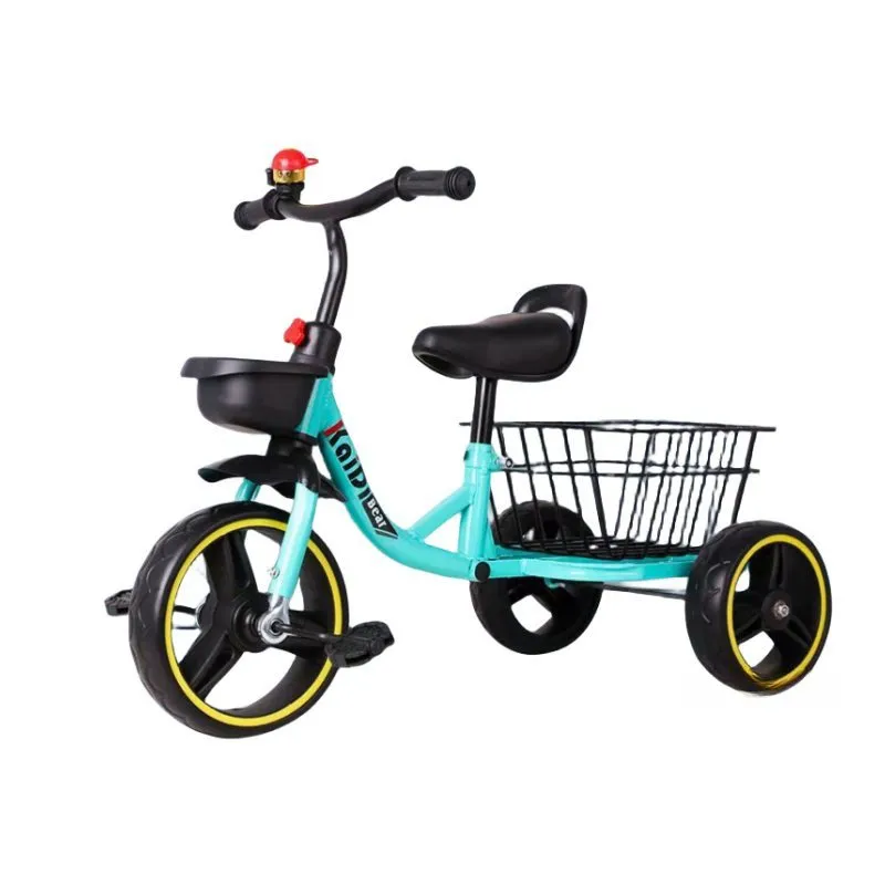 Turquoise children's tricycle featuring large rear wire basket and front storage - Wholesale ride-on toy manufacturer China