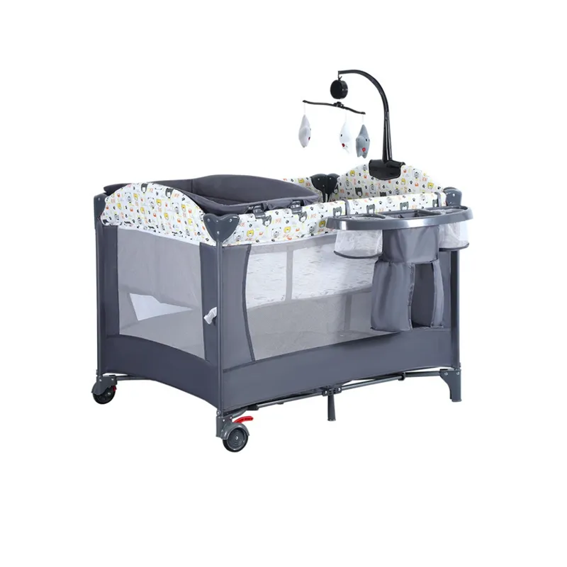 Grey multifunctional baby playard nursery center with diaper changing table, organizer, and mobile toy - Wholesale travel cot manufacturer China