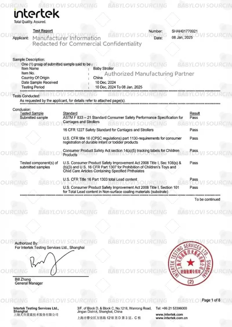 Intertek Test Report for Baby Stroller confirming compliance with ASTM F833-21 and US CPSC 16 CFR 1227 standards for Babylovi wholesale partners.