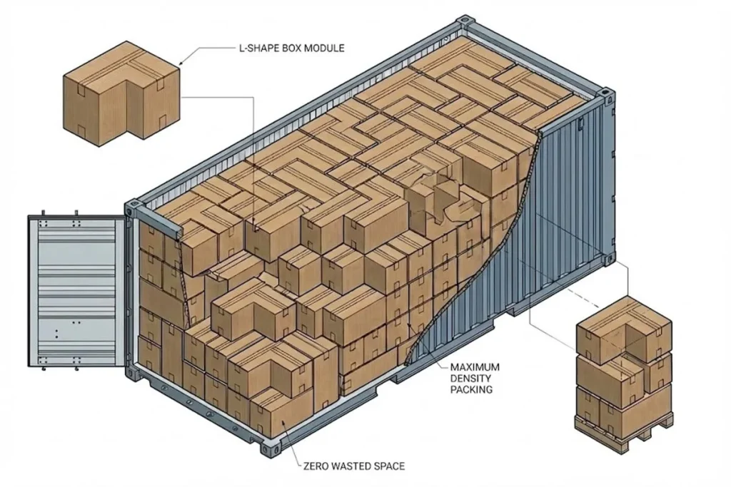 Technical diagram showing Babylovi L-shape car seat box interlocking packing technology to achieve 585pcs loading in 40HQ container and maximize shipping margin.