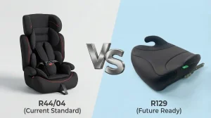 Comparison banner illustrating R44/04 standard vs R129 i-Size car