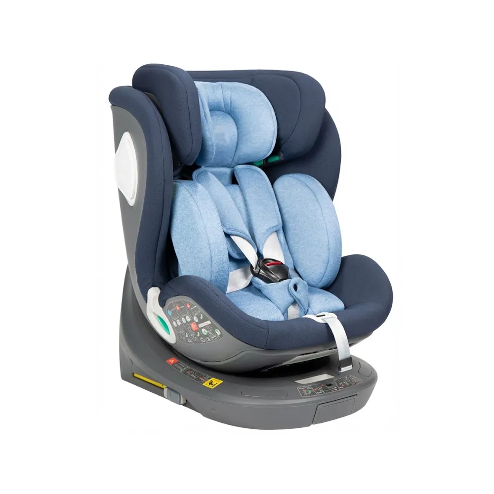 Side view of Wholesale 360 i-Size Car Seat CS306-i. Blue 40-150cm rotating seat with ISOFIX and support leg base.