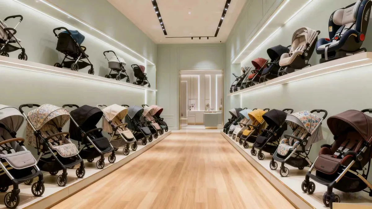 Premium Wholesale Baby Strollers and car seats displayed in a minimalist showroom, representing our Manufacturing Alliance and Verified Factory Network for OEM/ODM sourcing.
