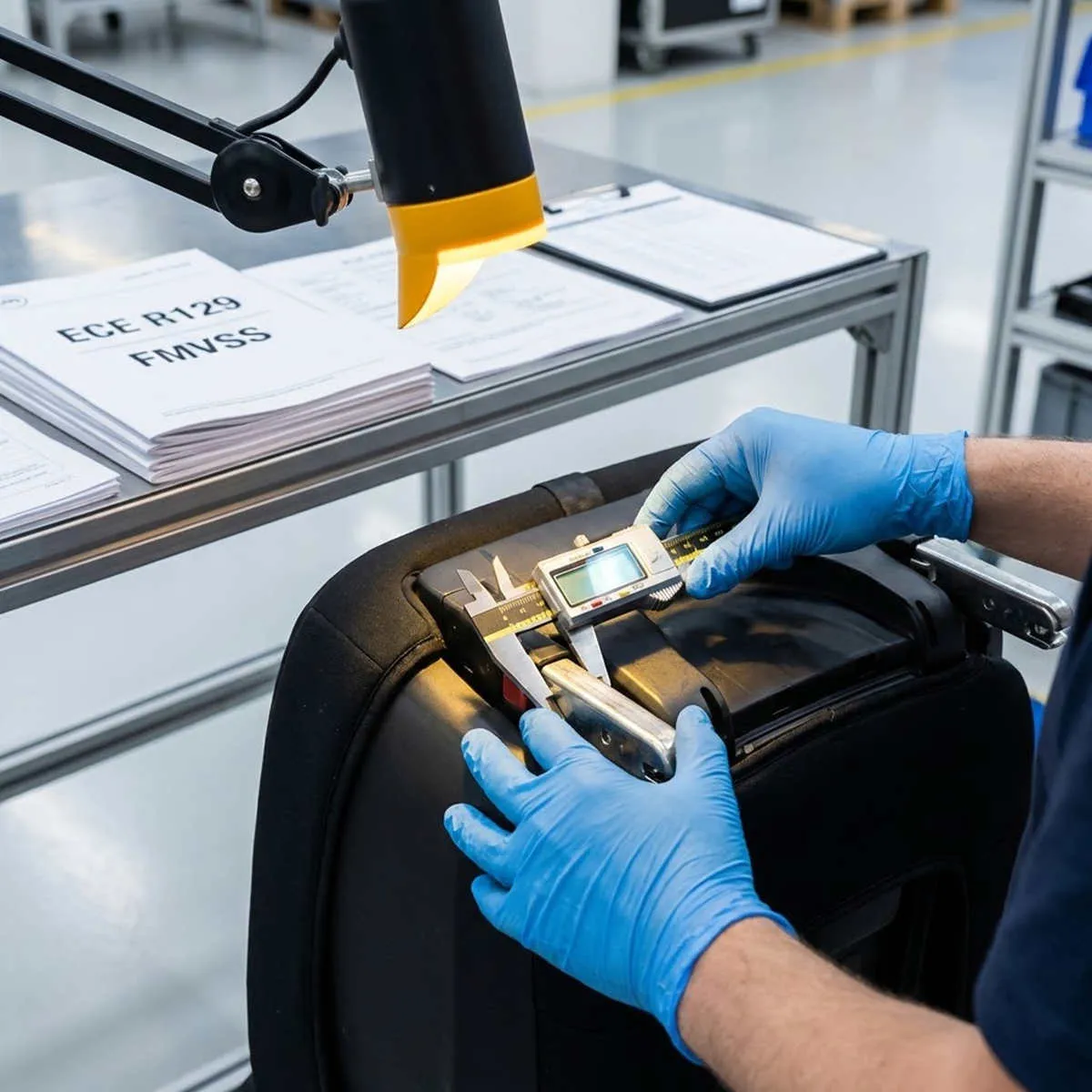 2026 Toddler Car Seats quality check: Inspector verifying buckle dimensions against strict R129 safety standards.