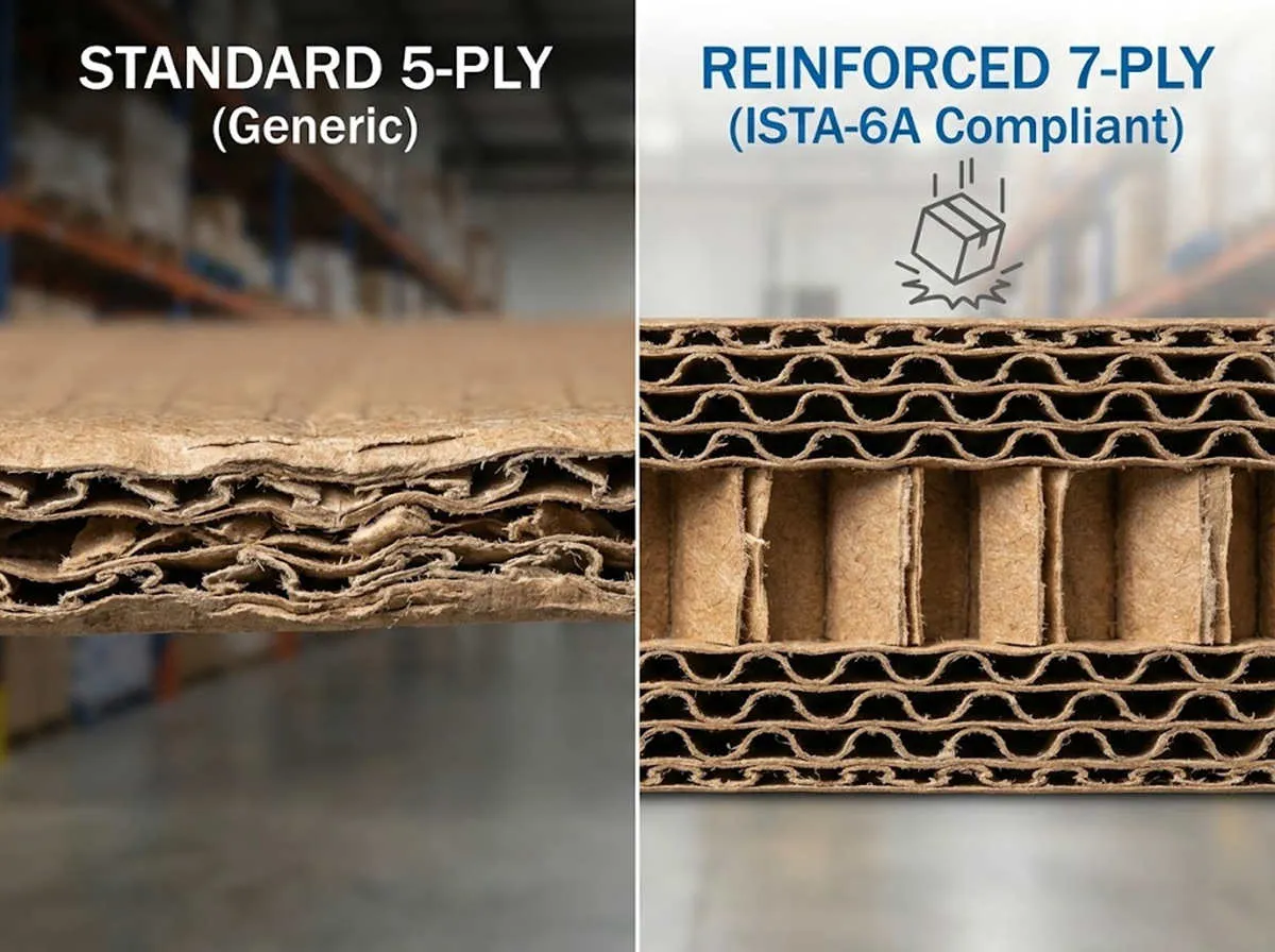 Amazon FBA Packaging material close-up: Reinforced 7-ply ISTA-6A cardboard vs standard 5-ply.