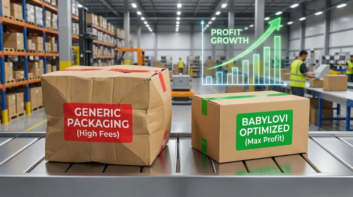 Amazon FBA Packaging comparison: Generic box vs Babylovi optimized box showing profit growth.
