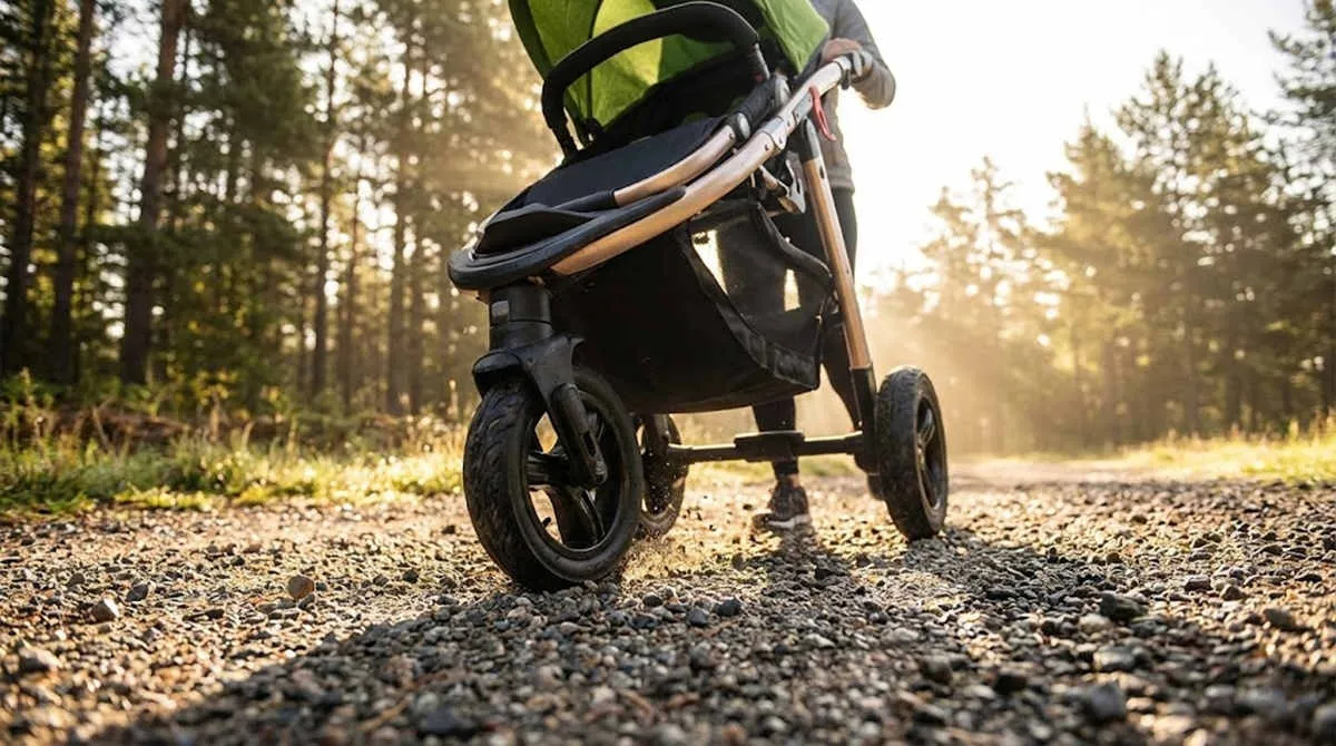 All-terrain jogger stroller on a gravel trail, illustrating active parenting trends discussed in the Amazon Mattress Recall daily intelligence briefing.