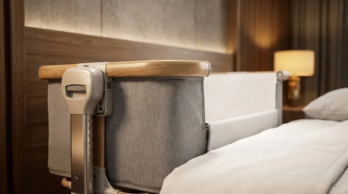 Anti-Spitting Bassinet premium alternative BD406 Pro featuring wood grain aluminum rail and gap-free bedside fit.