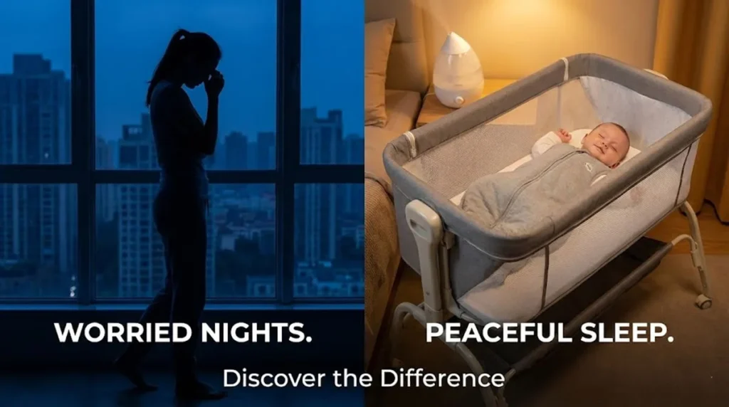 Anti-Spitting Bassinet comparison showing a worried parent vs a happy baby sleeping safely in reflux-relief mode.