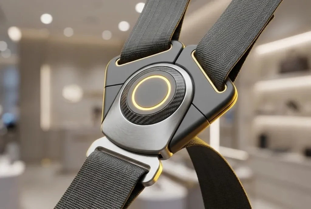 Close-up of smart sensor buckle technology illustrating emerging Baby Gear Safety Trends for wholesale sourcing.