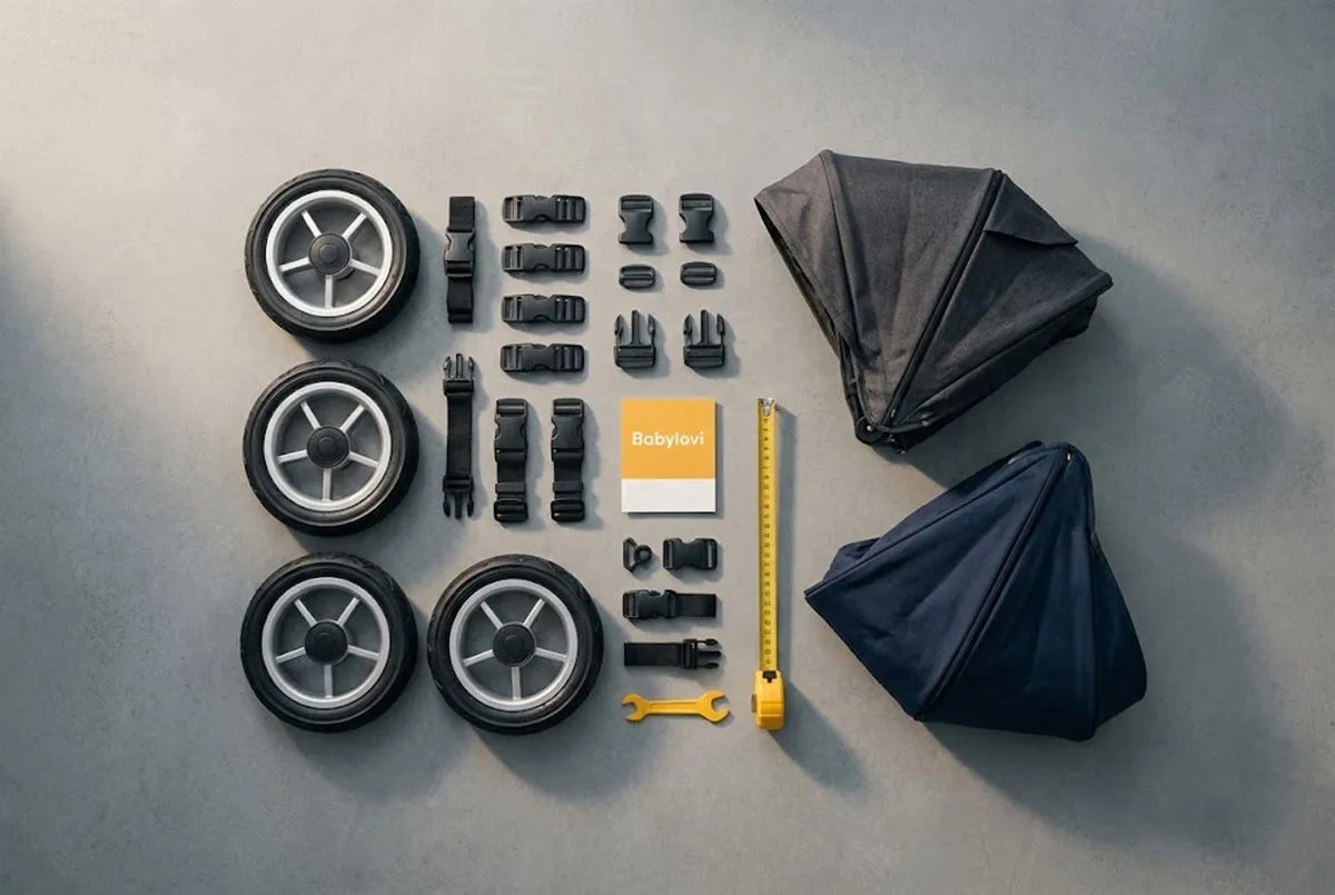 Flat lay of Babylovi wholesale stroller spare parts kit, featuring replacement wheels, fabric canopies, buckles, and repair tools.