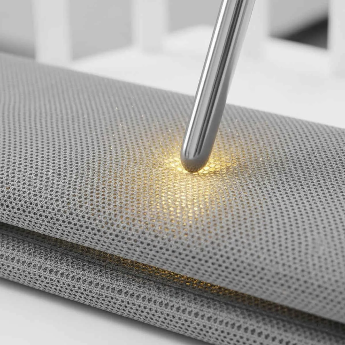 Bedside Sleeper Safety Standards airflow test: Metal probe checking mesh tension and breathability.