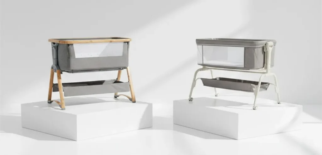 Bedside Sleeper Safety Standards comparison: Left EU model with barrier vs Right US model with flush fit.