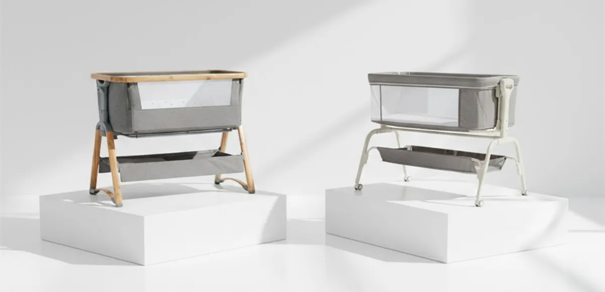 Bedside Sleeper Safety Standards comparison: Left EU model with barrier vs Right US model with flush fit.