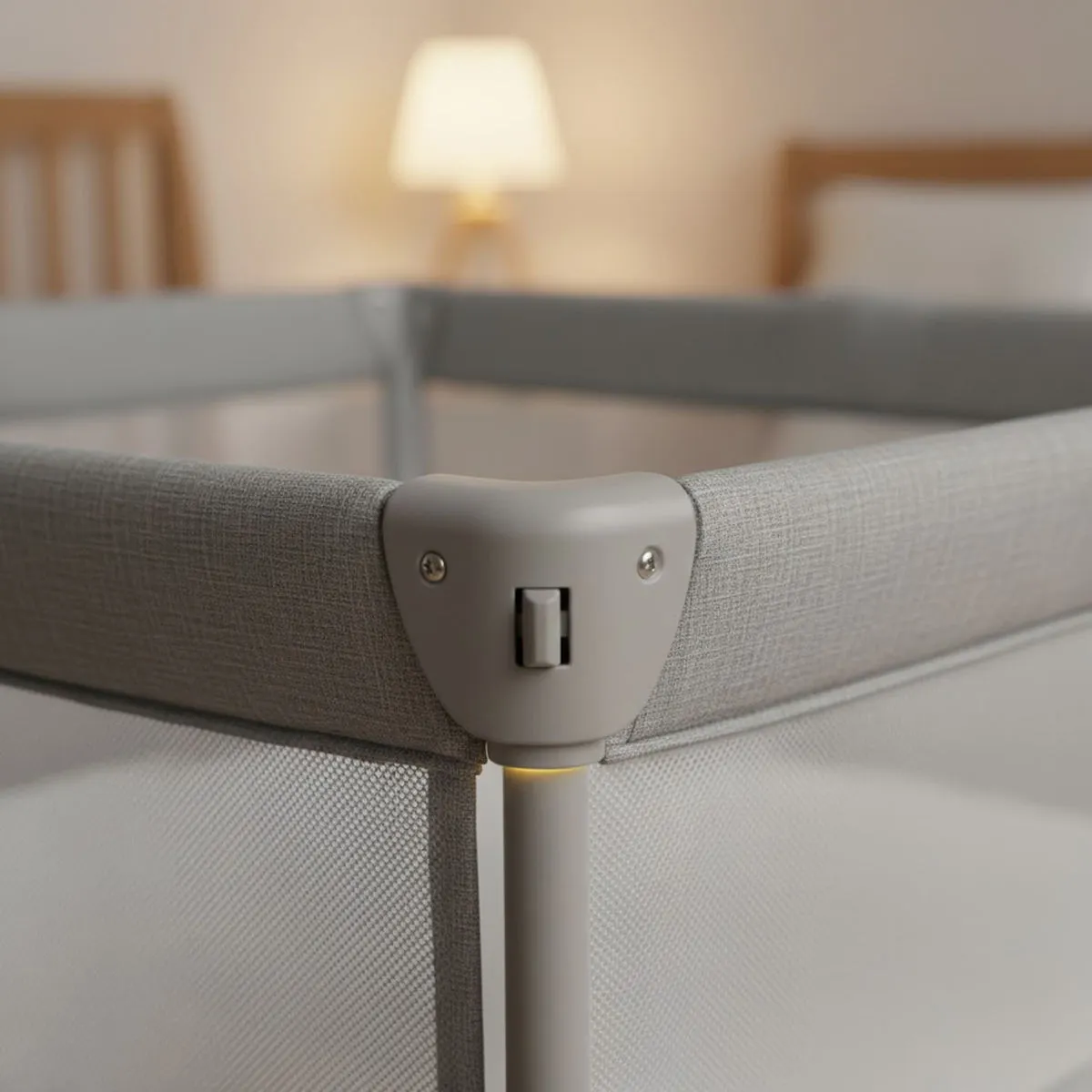 Bedside Sleeper Safety Standards require robust structure. Close-up of the corner locking mechanism.