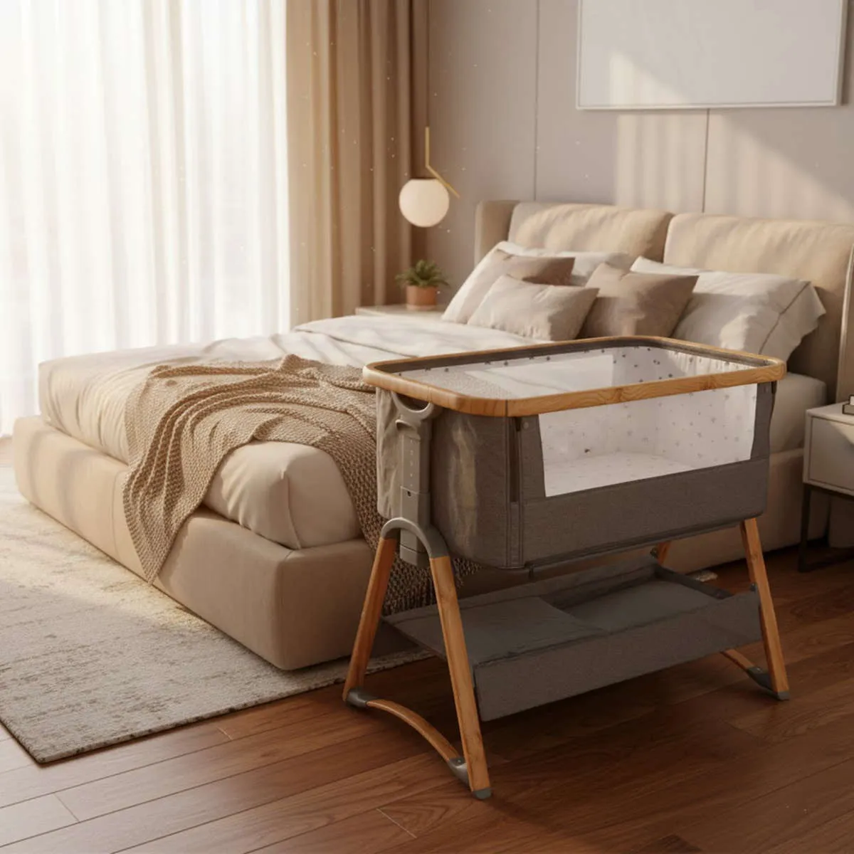 Bedside Sleeper Safety Standards for US market: Premium wood grain aluminum crib in a master bedroom.