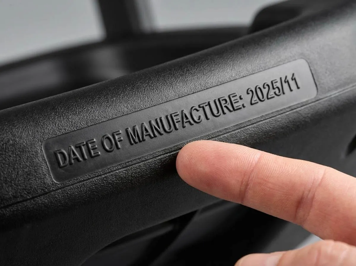 Close-up of a finger pointing to the date of manufacture stamp on a Babylovi car seat base to verify compliance with car seat expiry dates.