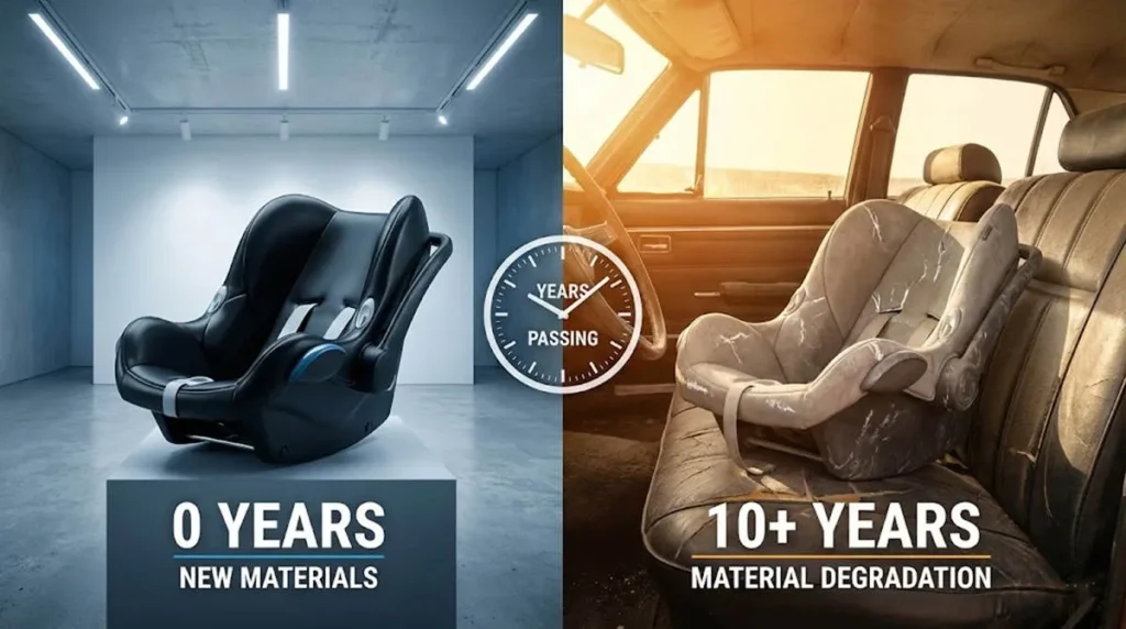 Split-screen comparison of new versus UV-damaged plastic shells, illustrating the material science behind car seat expiry dates for Babylovi wholesale safety standards.