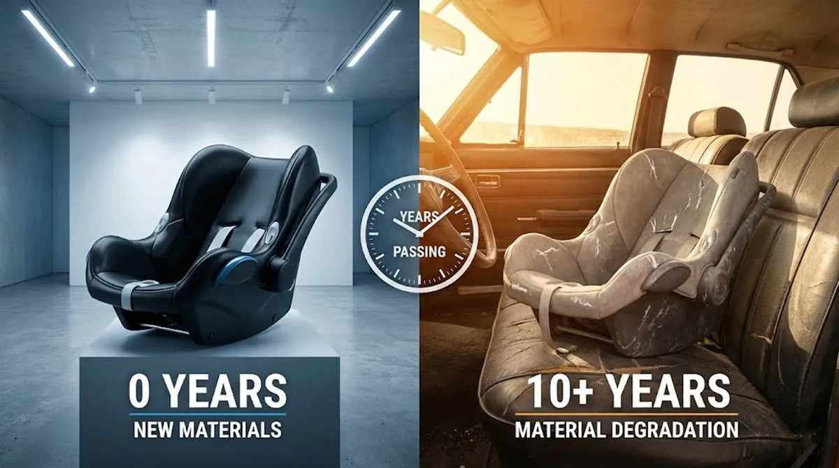 Split-screen comparison of new versus UV-damaged plastic shells, illustrating the material science behind car seat expiry dates for Babylovi wholesale safety standards.