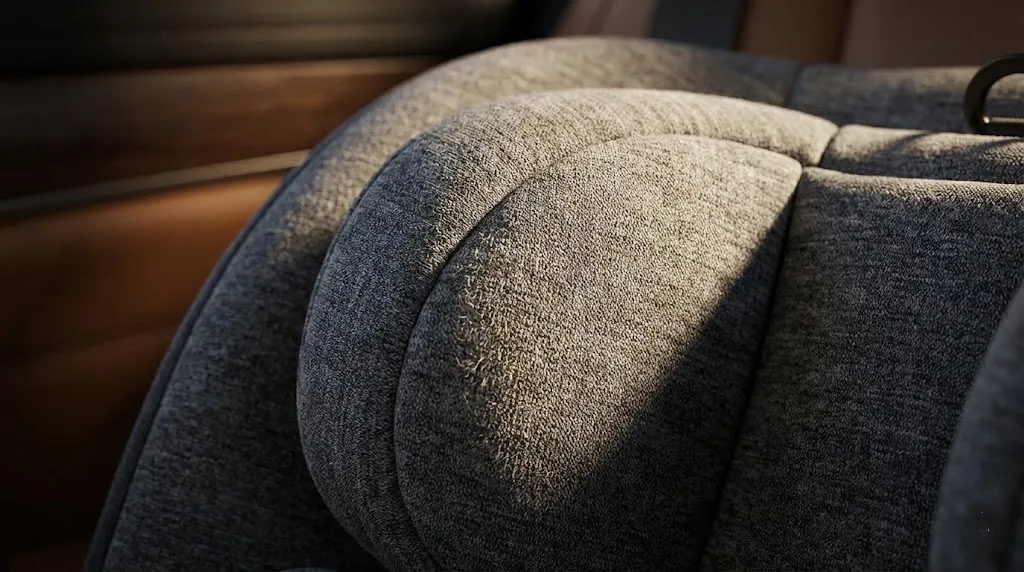 REACH compliant grey melange fabric texture detail in a pro Car Seat Showroom Display.