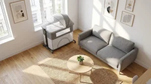 Modern grey Convertible Bassinet Playpen placed in a compact sunlit living room, illustrating space-saving design.