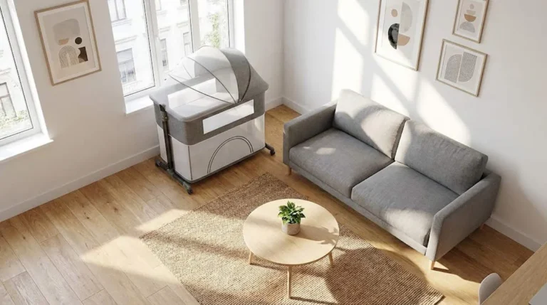 Modern grey Convertible Bassinet Playpen placed in a compact sunlit living room, illustrating space-saving design.