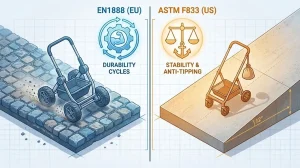 Comparison chart showing EN1888 durability cycles vs ASTM F833 stability test for wholesale baby strollers