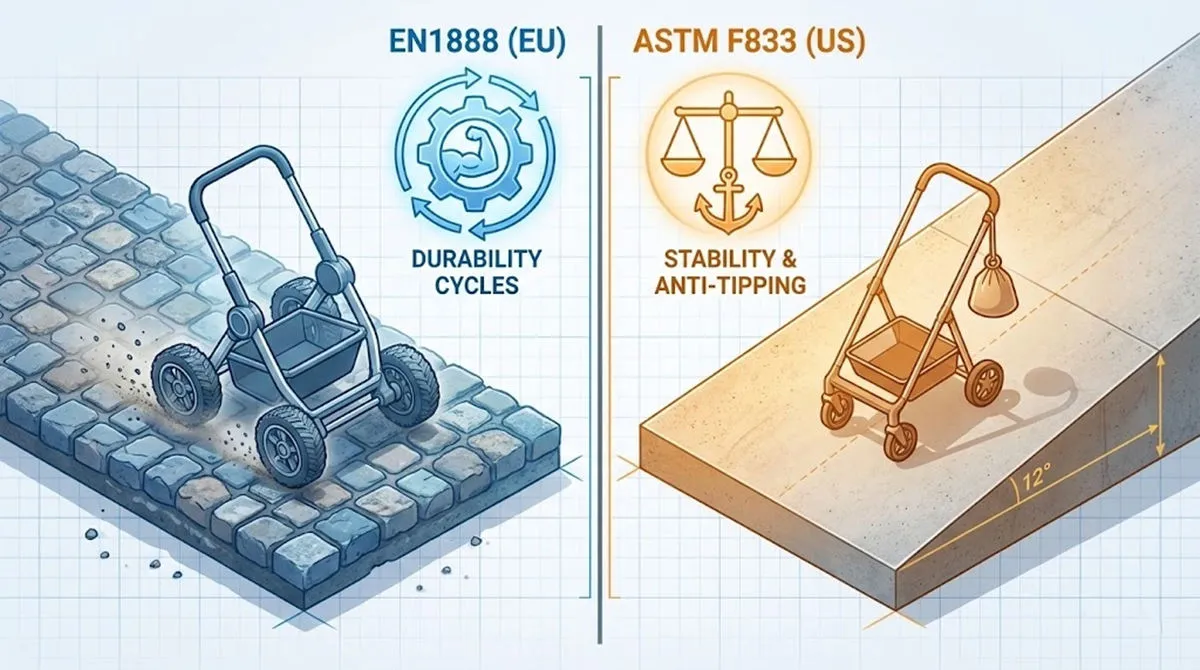 Comparison chart showing EN1888 durability cycles vs ASTM F833 stability test for wholesale baby strollers
