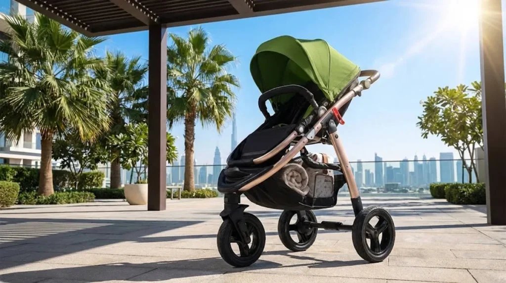 Babylovi ST311 hot climate strollers featuring aluminum frame and large sun canopy parked in a sunny Middle East location.