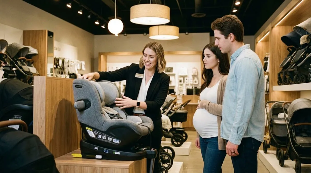 Retail associate using i-Size Sales Script to explain car seat safety to parents.