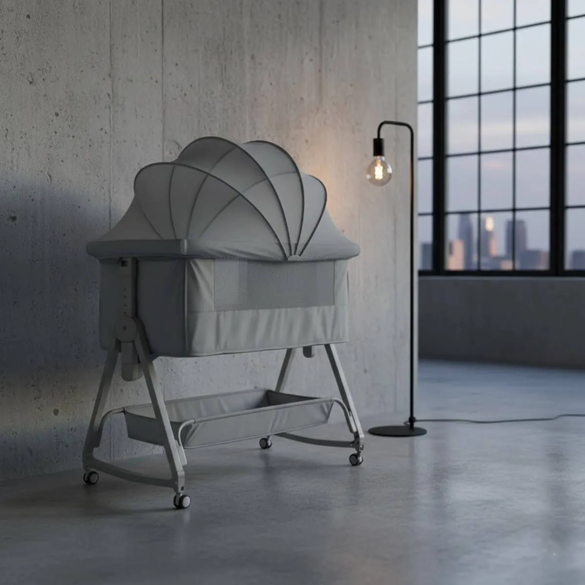 Modern matte grey aluminum crib in an industrial loft, contrasting with Wood Grain Aluminum Crib styles.