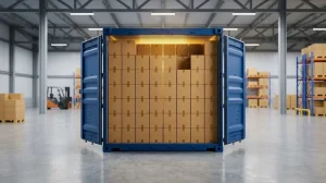 Optimized 40HQ shipping container inside a modern warehouse, demonstrating the mixed container loading strategy for maximum space utilization.