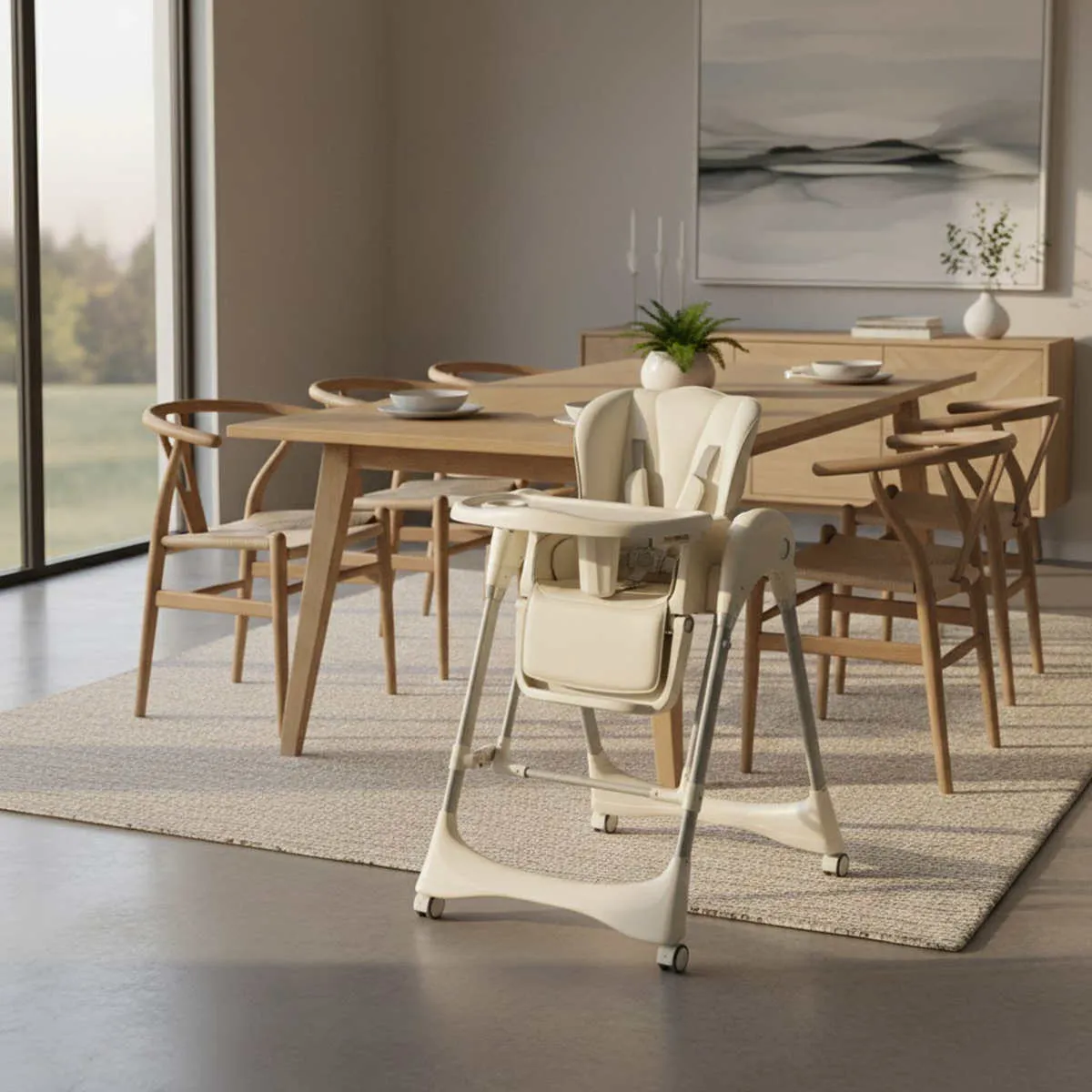 Multifunctional Baby Gear Trends in action: A 3-in-1 adjustable high chair in a modern dining room.