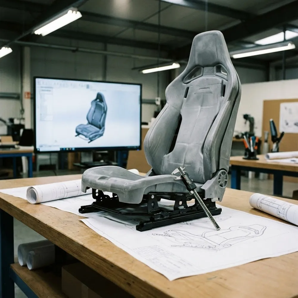 Raw car seat chassis prototype with blueprints showcasing custom engineering for OEM vs ODM Baby Products: 2026 Sourcing Strategy.