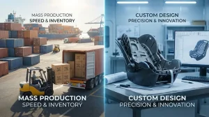 Split screen comparison showing mass production speed versus custom design precision, illustrating the core difference between OEM vs ODM Baby Products sourcing strategies.