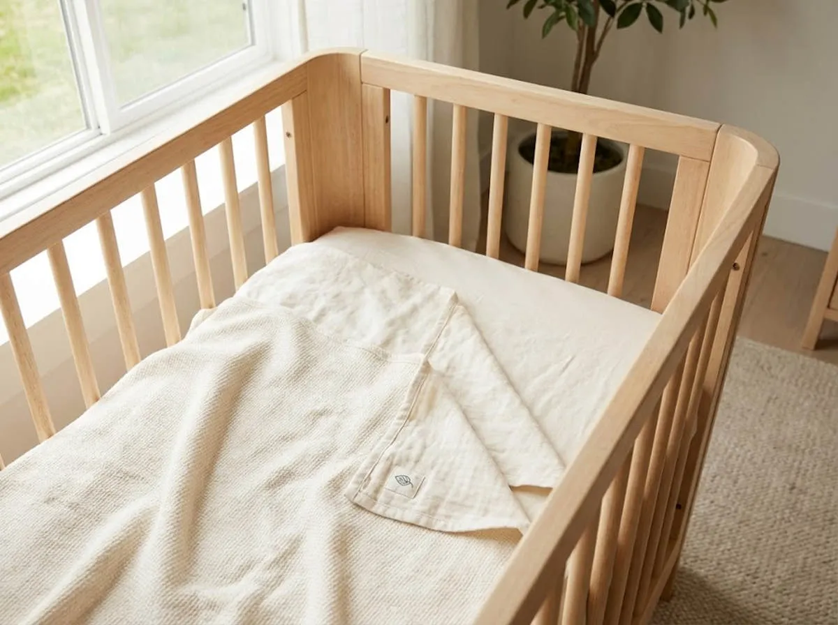 Eco-friendly private label baby gear example showing sustainable wooden crib and organic cotton bedding.