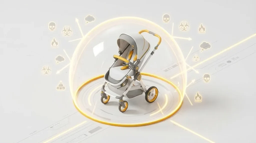 3D illustration of a protective shield around REACH compliant baby products blocking chemical hazards and toxins.