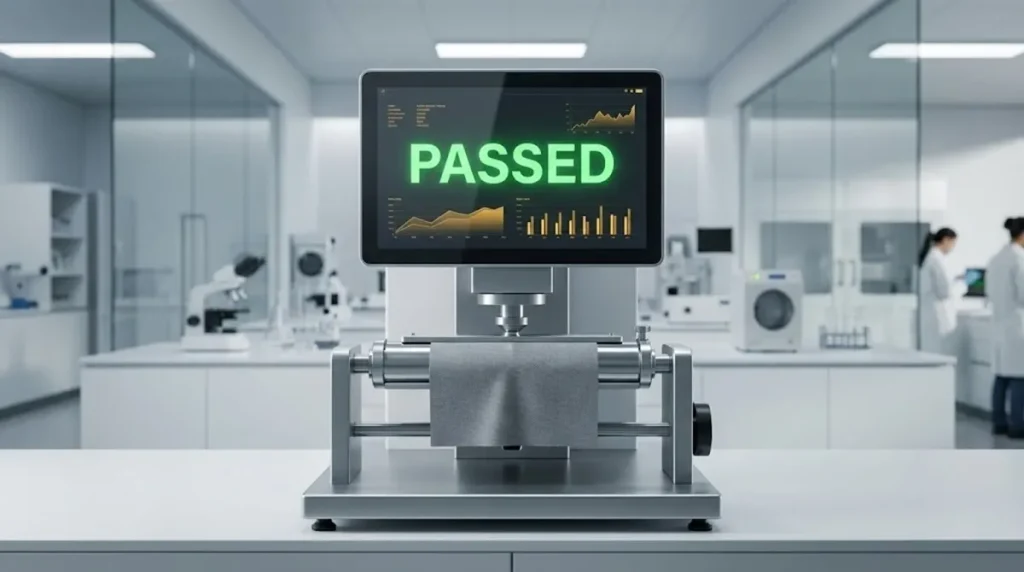 Professional textile abrasion testing machine showing PASSED result for REACH compliant baby products verification.