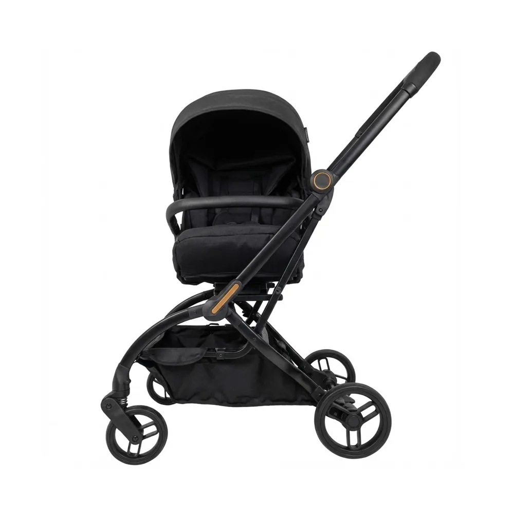 Babylovi ST302 Wholesale Compact Reversible Stroller in black, featuring a rotatable seat, pull rod, and aluminum frame.