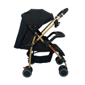 ST502R Wholesale Reversible Stroller with black canopy, gold frame, and front snack tray.