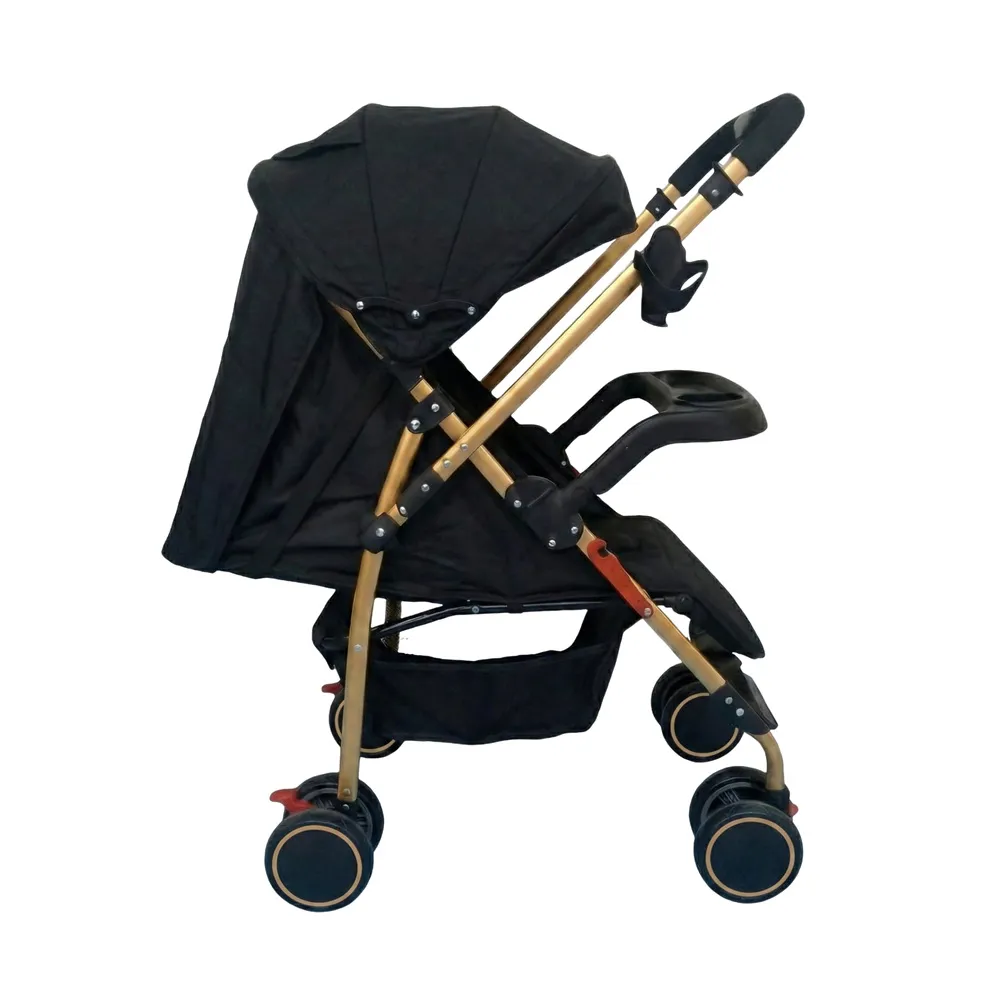 ST502R Wholesale Reversible Stroller with black canopy, gold frame, and front snack tray.
