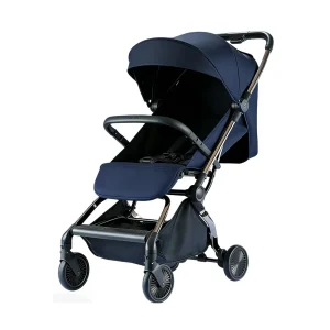 Side view of the Babylovi ST505 Wholesale Cabin Size Stroller in navy blue, showcasing the compact folding structure and high loading capacity.