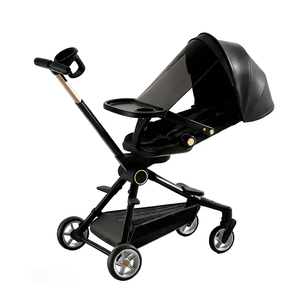 Babylovi ST509 Wholesale High View Stroller in black, featuring high chair mode and two-way facing seat.